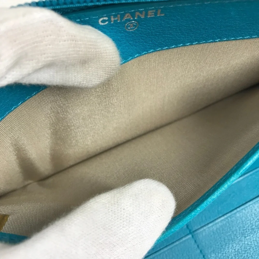 CHANEL Authentic Blue Leather Logo Wallet